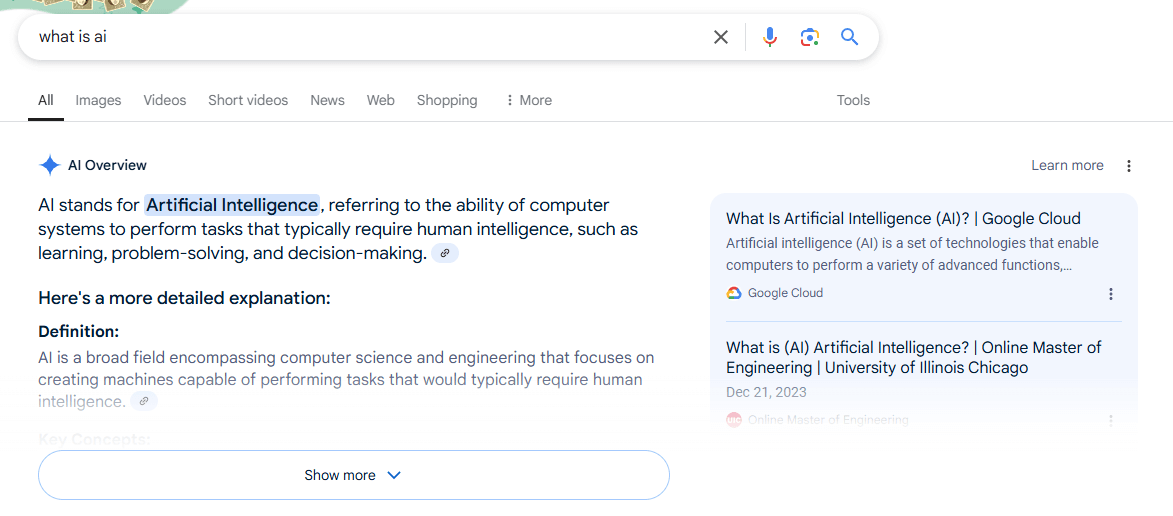 AI Overviews tal como se muestran en las páginas de resultados de Google