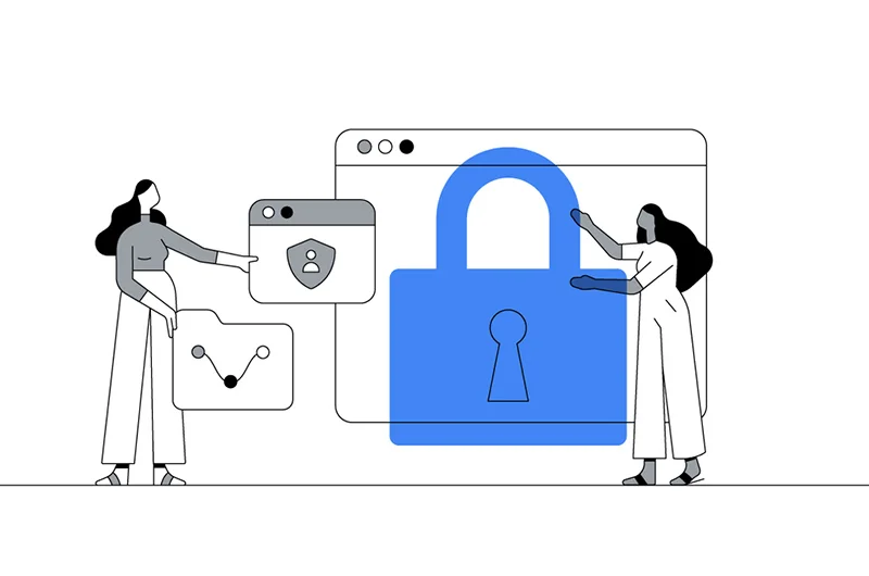 Ilustración de personas interactuando con elementos de seguridad digital